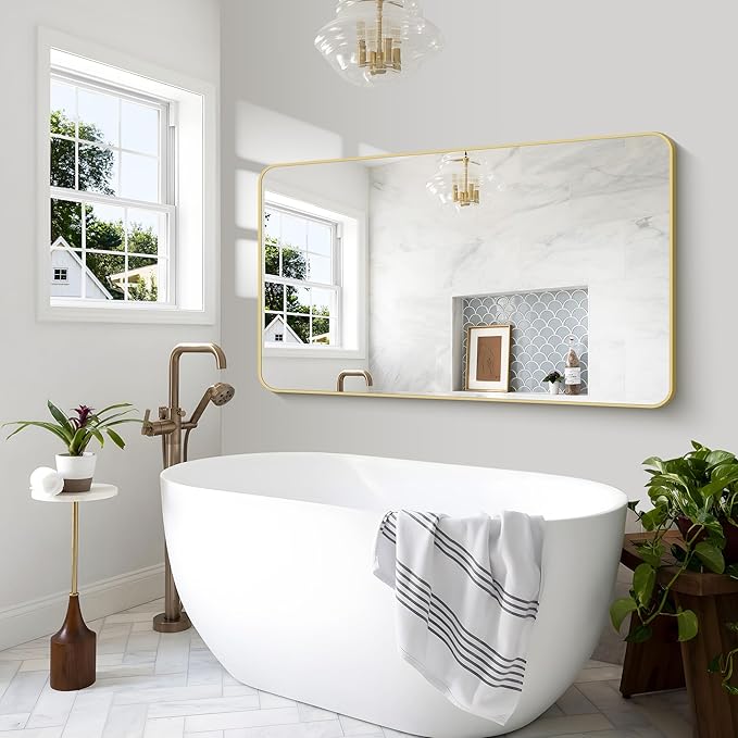Gold Bathroom Mirror,60x36 inch Wall Mirror for Bathroom Wall Mounted,Round Rectangle Mirror for Bathroom Over Sink,Modern Frame for Home Decor Living Room,Bedroom Entryway,Horizontal/Vertical-StrideForce Fitness