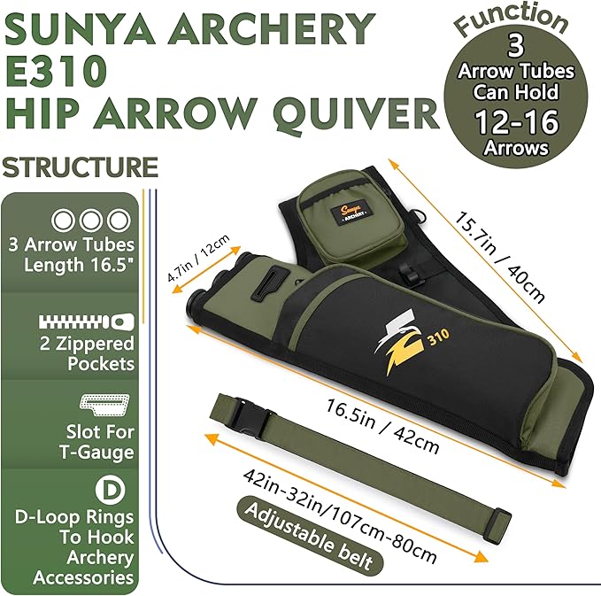 SUNYA Archery Hip Quiver for Arrows. Includes 3 Tubes Arrow Holder, Accessories Pockets and Waist Belt. Fit for Compound and Recurve Bow Practice.-StrideForce Fitness