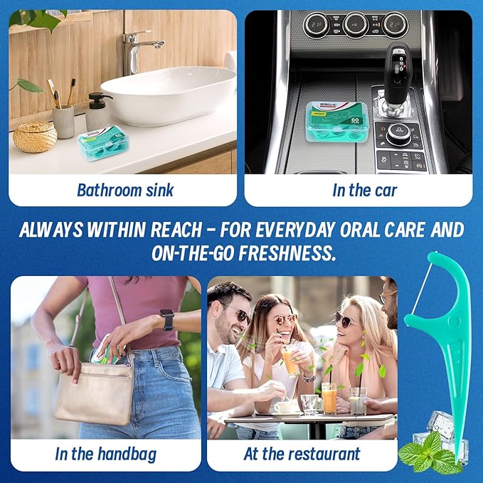 Floss Picks, 300 Count Mint Dental Floss Picks, Toothpicks with 5 Travel Cases for Extra Convenience, Helps Prevent Cavities, Remove Plaque & Freshen Breath, Premium Floss Sticks for Family