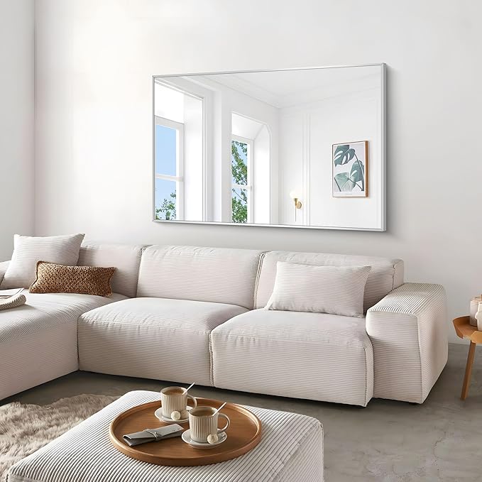 Silver Bathroom Mirror,55x36 inch Wall Mirror for Bathroom Wall Mounted,Large Rectangle Mirror for Bathroom Over Sink,Modern Metal Frame for Living Room,Bedroom Entryway,Horizontal/Vertical-StrideForce Fitness