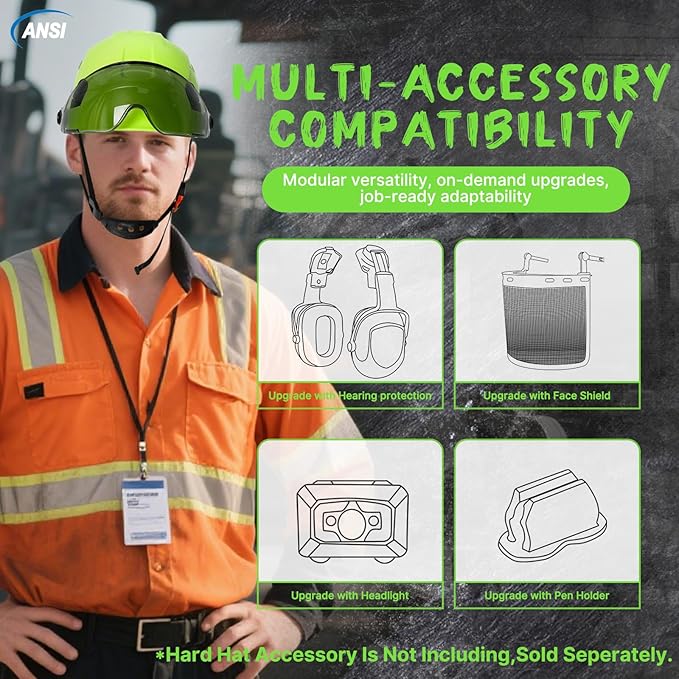 Aolamegs Construction Hard Hats for Adults - Hard Hats Construction OSHA Approved with Smoke Visor for Men Women ANSI Z89.1 Vented Safety Helmet, Hard Hat with Chin Strap,6 Point Suspension （Green-StrideForce Fitness