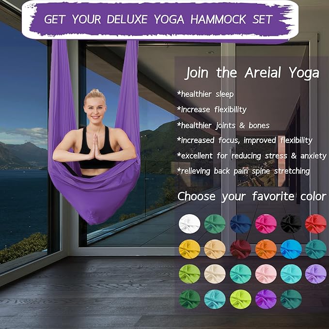 5.5 Yards Aerial Silks Yoga Swing Set - Aerial Yoga Hammock Kit Anti-Gravity Flying for Fitness, Low/Non Stretch Nylon Tricot Fabric Hardware Included for Dance-StrideForce Fitness