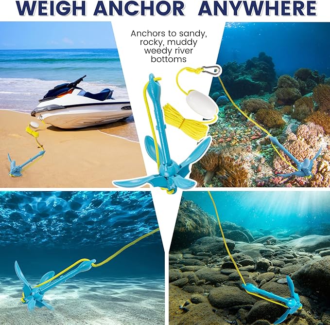 Dreizack Kayak Anchor Kit, 3.5 lb Folding Grapnel Boat Anchor Trolley Accessories with 40ft Rope and PVC Buoy for Fishing Kayaks SUP Paddle Boards Canoes Jet Ski PWC Inflatable Small Boats-StrideForce Fitness