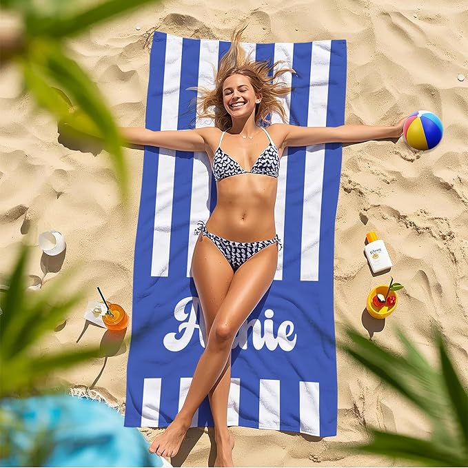 JML Personalized Beach Towel with Name, Custom Cabana Stripe Beach Towel, Customized Microfiber Pool Towel, Quick Dry & Absorbent Swim Towel for Adult,Mother's Day, Birthday, Summer Holiday,Vacation-StrideForce Fitness