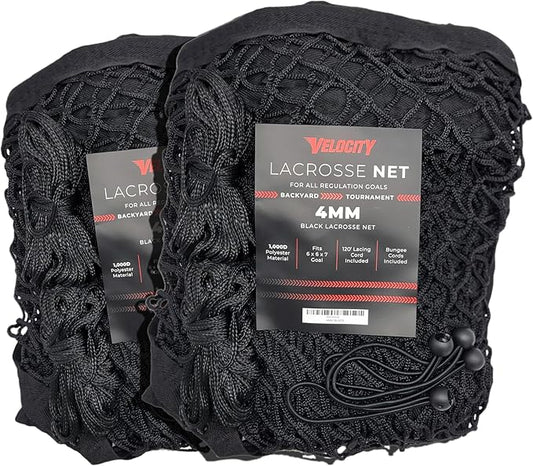 Velocity Heavy Duty Black & White Lacrosse Net - Fits 6’x6’x7’ Goals - Weatherproof, UV Resistant 1000D High-Strength Polyester - Comes with 100+ Feet of Lacing Cord and 4 Quick Ties-StrideForce Fitness