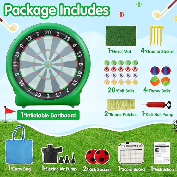6FT Inflatable Dartboard, Giant Kick Darts Soccer Darts Golf & Throw Dart with Air Pump, Giant Outdoor Games, Blow up Soccer Dart for Yard Party Large Dartboard for Kids & Adults 20+Games-StrideForce Fitness