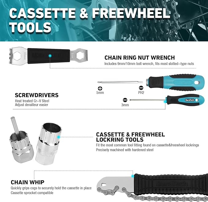 DURATECH 41 Pieces Bike Repair Tools, Complete Bike Tools Kit with Storage Box, Mountain Bike Maintenance Tools, for Mountain, Road, and Park Bicycle with Chain Riveter, Tire Levers, Crank Puller-StrideForce Fitness