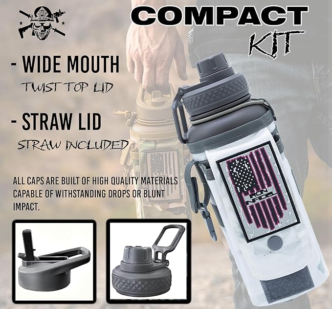 Iron Infidel Battle Bottle - 32 Oz Insulated Water Bottle with Straw Lid & Chug Cap, Stainless Steel Metal Flask Includes Rugged, Removable Sleeve for Keys, Wallet, & Phone (Arctic Camo 1 Liter)-StrideForce Fitness