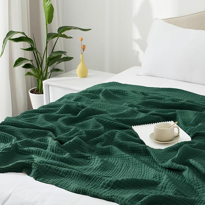 Carriediosa 100% Cotton Muslin Throw Blanket 50" X 70" Throw XL Size，4-Layers Summer Gauze Throws for Bed Couch，Soft Lightweight Breathable Linen Blankets Bedspread for Adults All Season，Dark Green-StrideForce Fitness