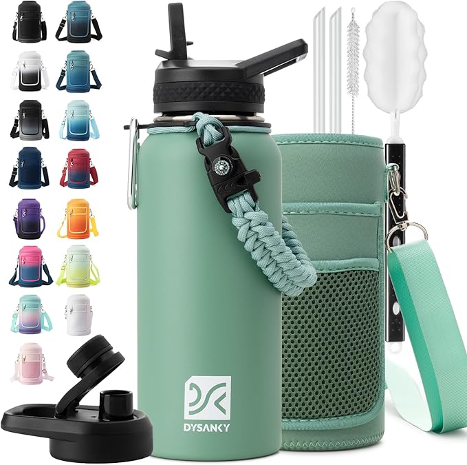 Insulated Water Bottle | Thickened Stainless Steel Vacuum Metal | Portable Sports Water Jug for Gym and Hiking with Straw, Carrier Bag, Handle Strap | BPA-Free 32 oz-StrideForce Fitness
