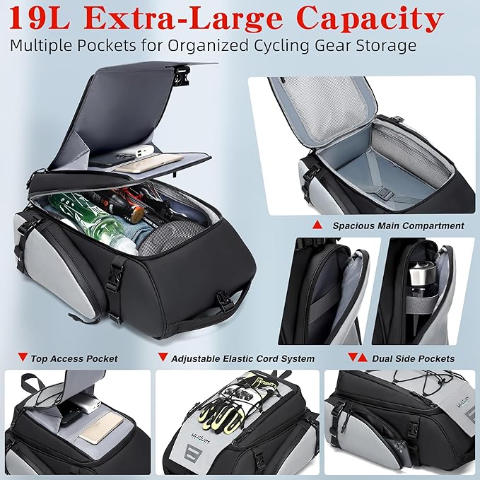 19L Reflective Bike Rack Bag Water Resistant Cycling Pannier Saddle Shoulder Bag with Rain Cover 4-in-1 Versatile Bag Accessories for Travel Commuting Shopping Outdoor Cycling Night-Riding Fitness-StrideForce Fitness