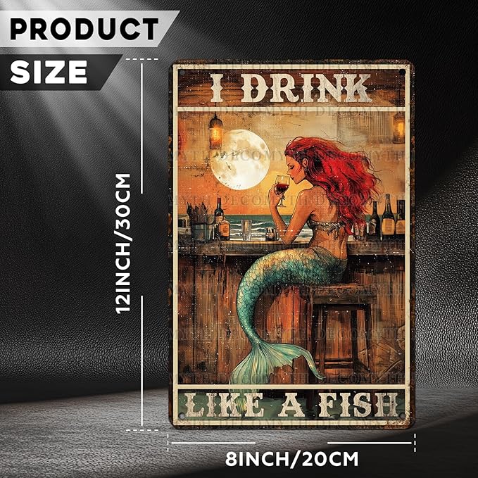 Vintage Mermaid Tin Sign I Drink Like A Fish Retro Wall Decor Decorations for Home Funny Wine Lover Nostalgic Metal Poster Indoor Store Cafe Toilet Kitchen Garden Bar Pubs Man cave 12 * 8inch-StrideForce Fitness