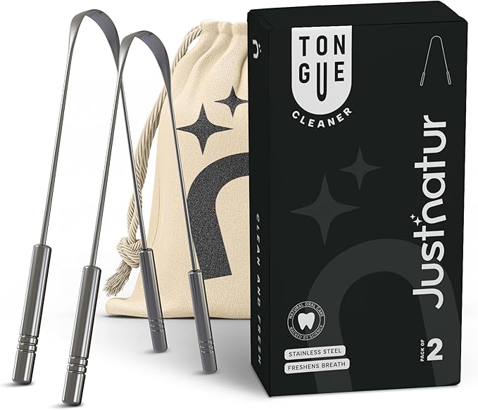 Justnatur 100% Pure Stainless Steel | Ultimate Tongue Cleaner for Fresher Breath | Reusable Metal Tongue Scraper for Adults & Kids | Extra Durable Tongue Cleaning Tool (30g Pack of 2)