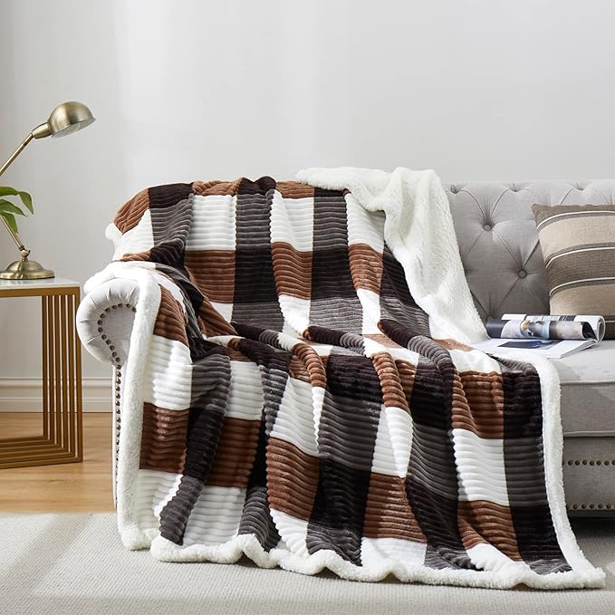 PU MEI Sherpa Blanket Full/Queen Plaid Thick Bed Blanket, 90”*80” Super Soft Flannel Fuzzy Fleece Reversible Velvet Plush Warm Blanket for Couch (Brown-Check, 80"*90")-StrideForce Fitness