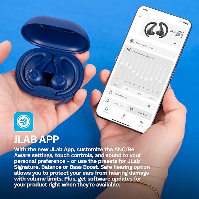 JLab JBuds Sport ANC 4 True Wireless Bluetooth Earbuds + Charging Case, Cobalt Blue, Swipe + Touch Controls, Hybrid Active Noise Cancelation, Multipoint Connect, Customized Settings App-StrideForce Fitness