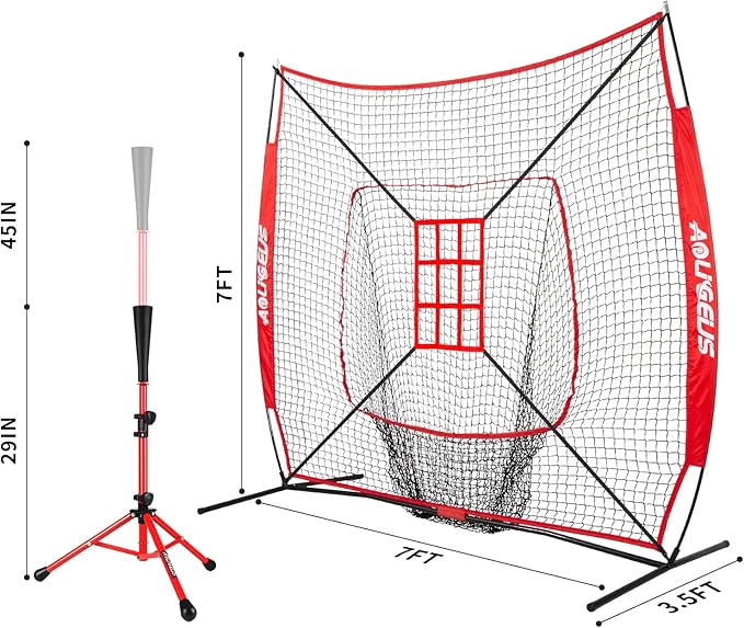 7'X7' Baseball Softball Practice Net,Pitching Net,Batting Net,with Baseball Tee,Bonus Strike Zone and Bow Frame,for Hitting,Pitching, Catching-StrideForce Fitness
