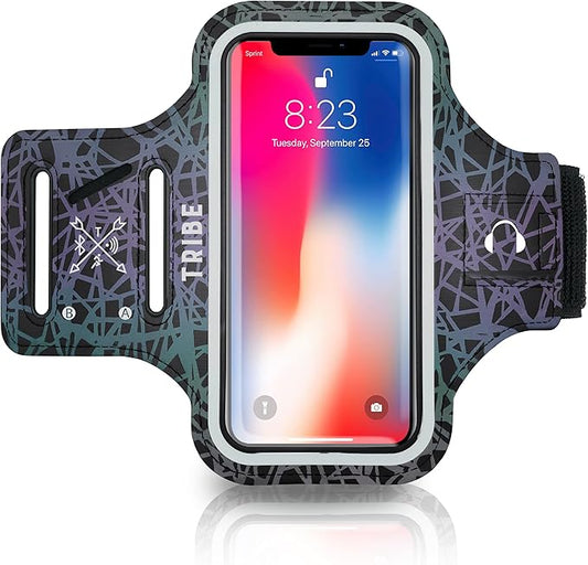 TRIBE Water Resistant Cell Phone Armband Case Running Holder for iPhone Pro Max Plus Mini SE (13/12/11/X/XS/XR/8/7/6/5) Galaxy S Ultra Plus Edge Note (21/20/10/9/8/7/6/5) Adjustable Strap & Key Pocket-StrideForce Fitness