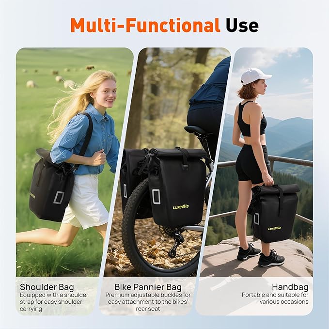 Bike Pannier Bag 27L Waterproof Bicycle Rear Rack Bag, Large Capacity Expandable Cargo Rack Bag with Reflective Strips, Adjustable Buckles for Cycling Traveling Commuting-StrideForce Fitness