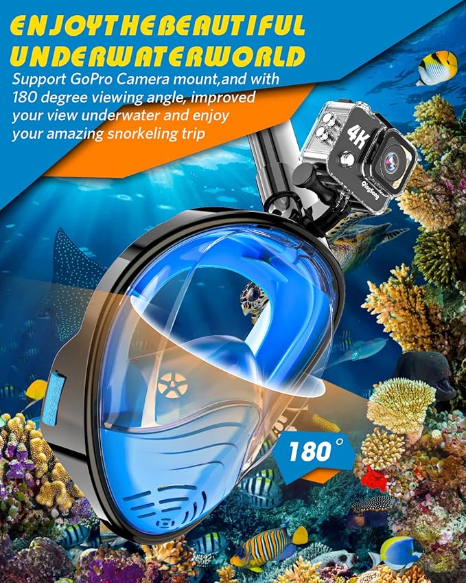 QingSong Full Face Snorkel Mask for Adults, Snorkeling Gear with Camera Mount, 180 Degree Panoramic View Snorkel Set Anti-Fog Anti-Leak-StrideForce Fitness