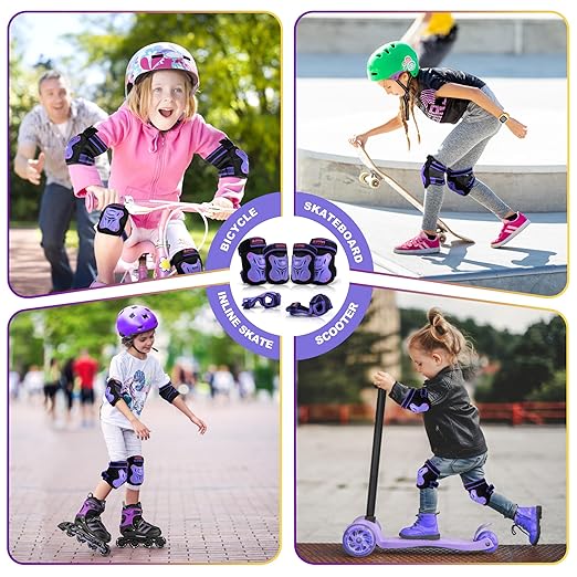 2PM SPORTS Knee Pads for Kids, Wrist Guards Knee and Elbow Pads Set with Drawstring Bag, Protective Gear Set for Girls Boys Roller Skating Cycling Skateboard - Purple Medium-StrideForce Fitness