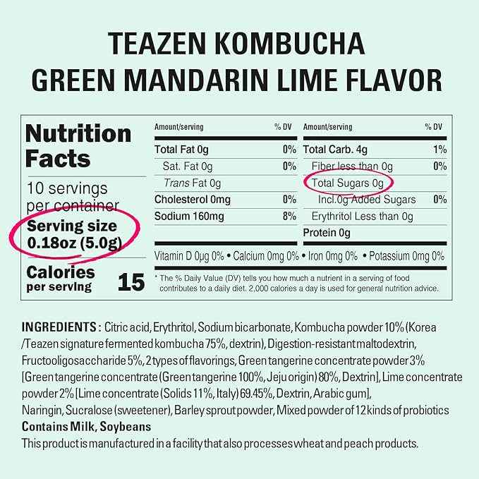 TEAZEN Green Mandarin Lime Kombucha Tea, Hydration Drink Mix, Sugar Free, Live Probiotics & Prebiotics, 10 Sticks, 1.76oz-StrideForce Fitness
