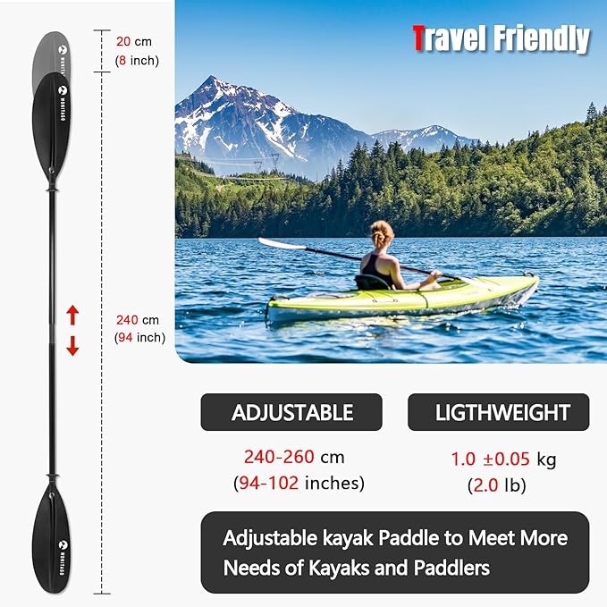 Kayak Paddles with Fiberglass Shaft and Reinforced PP Blade, Floating Adjustable Kayaking Oars, 3 Piece, 220-240 cm/86-94 Inches, 240-260 cm/94-102 Inches-StrideForce Fitness