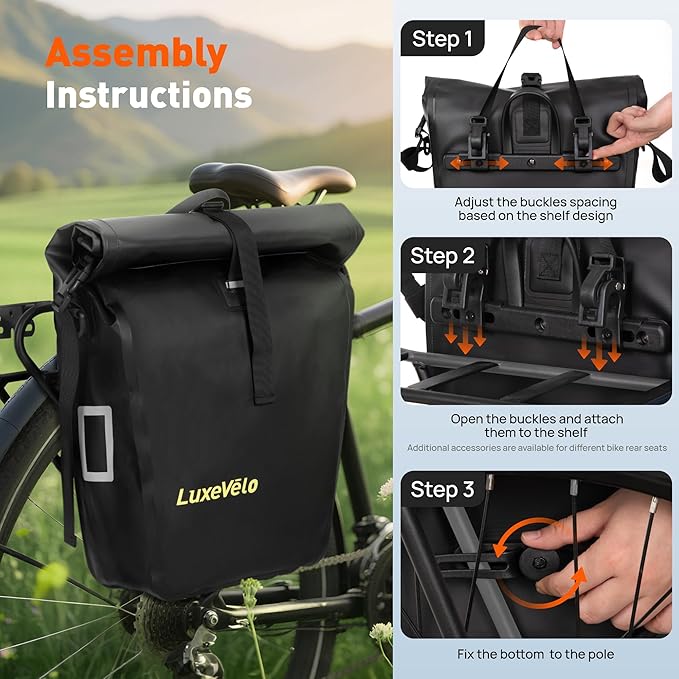 Bike Pannier Bag 27L Waterproof Bicycle Rear Rack Bag, Large Capacity Expandable Cargo Rack Bag with Reflective Strips, Adjustable Buckles for Cycling Traveling Commuting-StrideForce Fitness