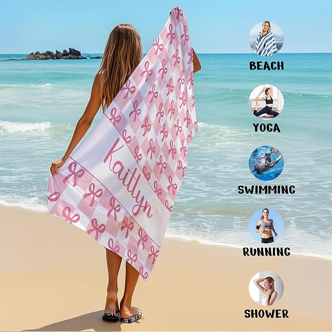 JML Personalized Beach Towel with Name, Custom Beach Towel with Text, Customized Bow Microfiber Pool Towel, Quick Dry & Absorbent Swim Towel for Adult,Anniversary, Birthday, Summer Holiday,Vacation-StrideForce Fitness