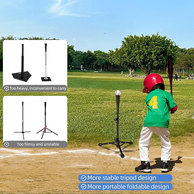 Baseball Tee For Kids, Easy Adjustable Batting Tee From 20.85 to 31.30 Inches. Foldable and Stable Baseball Tees for Hitting with Portable Bag. Softball Tee for Children Aged 3-10 Baseball Training.-StrideForce Fitness