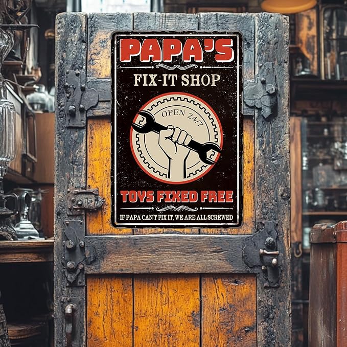 Papas Fix It Shop Metal Tin Signs for Garage Man Cave Decor Funny Papa Gifts - Vintage Tool Shop Papa's Workshop Signs, Father's Day Gifts Decorations 8x12 Inch-StrideForce Fitness