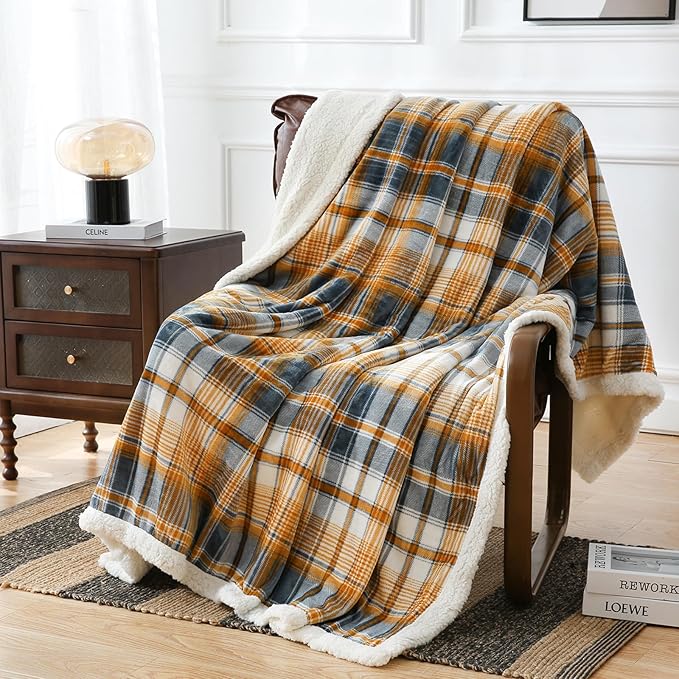 PU MEI Sherpa Blanket Queen Plaid Thick Bed Blanket, 80”*90” Super Soft Flannel Fuzzy Fleece Reversible Velvet Plush Warm Blanket for Couch (Blue Yellow Check)-StrideForce Fitness