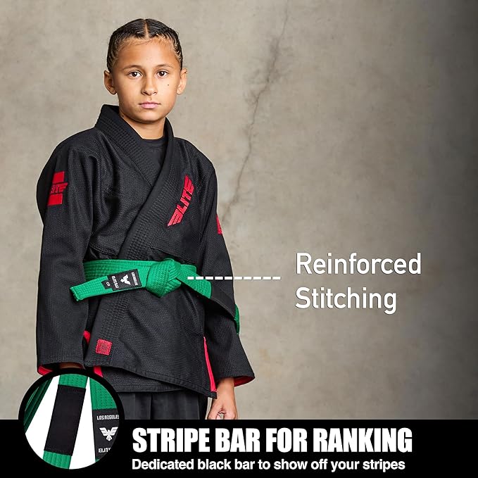 Elite Sports Kids Brazilian Jiu Jitsu Belts Preshurunk Martial Arts Youth BJJ Belts for Girls & Boys with BJJ Ranking Stripes-StrideForce Fitness