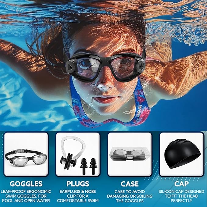 Swim Goggles Swimming Goggles No Leaking with Nose Clip, Earplugs, Swim Cap and Case for Men Women-StrideForce Fitness