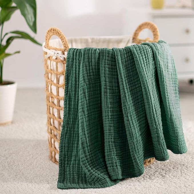 Carriediosa 100% Cotton Muslin Throw Blanket 66" X 90" Twin XL Size，4-Layers Summer Gauze Throws for Bed Couch，Soft Lightweight Breathable Linen Blankets Bedspread for Adults All Season，Dark Green-StrideForce Fitness