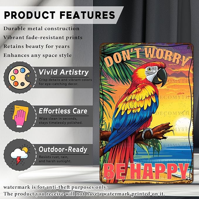Vintage Tin Sign Don't Worry Be Happy Tin Sign The Beach Parrot for Home Farm Outdoor Bathroom Restaurant Cafes Bars Club Kitchen Garage Cute Vintage Art Wall Decor 12 * 8inch-StrideForce Fitness