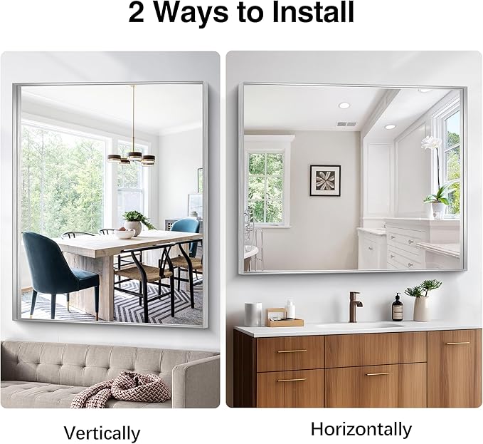 Silver Bathroom Mirror, 40x48 Inch Rectangular Framed Mirror, Large Wall Mounted Bathroom Vanity Mirror Over Sink for Bedroom,Restroom, Living Room, Hangs Vertically or Horizontally-StrideForce Fitness