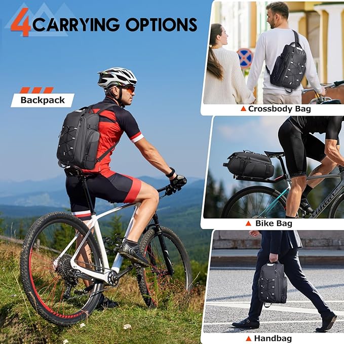 RAINSMORE Bike Bags for Bicycle Rear Rack 15L Waterproof Bike Ebike Trunk Pannier Saddle Bag with Rain Cover Bike Accessories Backpack Shoulder Bag for Commuter Travel Outdoor, Black-StrideForce Fitness