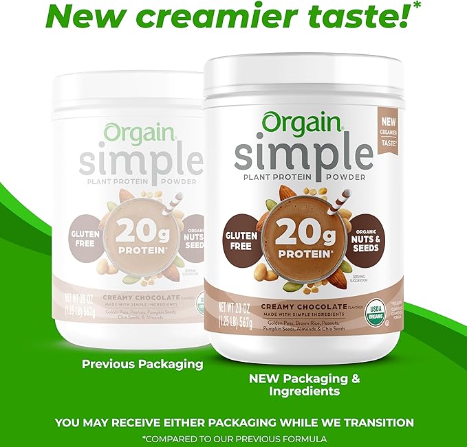 Orgain Organic Simple Vegan Protein Powder, Chocolate - 20g Plant Based Protein, Made with less Ingredients, No Artificial Sweeteners, Gluten Free, No Dairy or Lactose, 1.25 lb (Packaging May Vary)-StrideForce Fitness