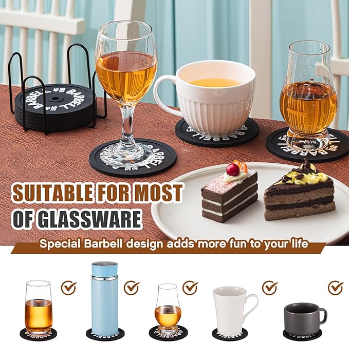 8 Pcs Barbell Bumper Plate Cool Coasters Round Silicone Coasters Weight Plate Coaster with Rack Holder for Gym Lovers Gym Accessories(Black)-StrideForce Fitness