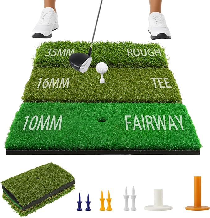 Jkwokback 3-in-1 Golf Hitting Mat | Turf Golf Practice Mat for Swing, Putting & Chipping | Portable Golf Mats Practice Indoor/Outdoor Golf Hitting Mat with 8 Tees Golf Training Mat-StrideForce Fitness