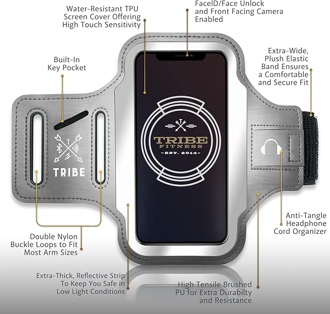 TRIBE Running Phone Holder Armband. iPhone & Galaxy Cell Phone Sports Arm Bands for Women, Men, Runners, Jogging, Walking, Exercise & Gym Workout. Fits All Smartphones. Adjustable Strap, CC/Key Pocket-StrideForce Fitness