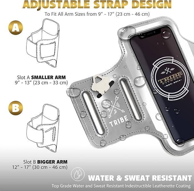 TRIBE Running Phone Holder Armband. iPhone & Galaxy Cell Phone Sports Arm Bands for Women, Men, Runners, Jogging, Walking, Exercise & Gym Workout. Fits All Smartphones. Adjustable Strap, CC/Key Pocket-StrideForce Fitness