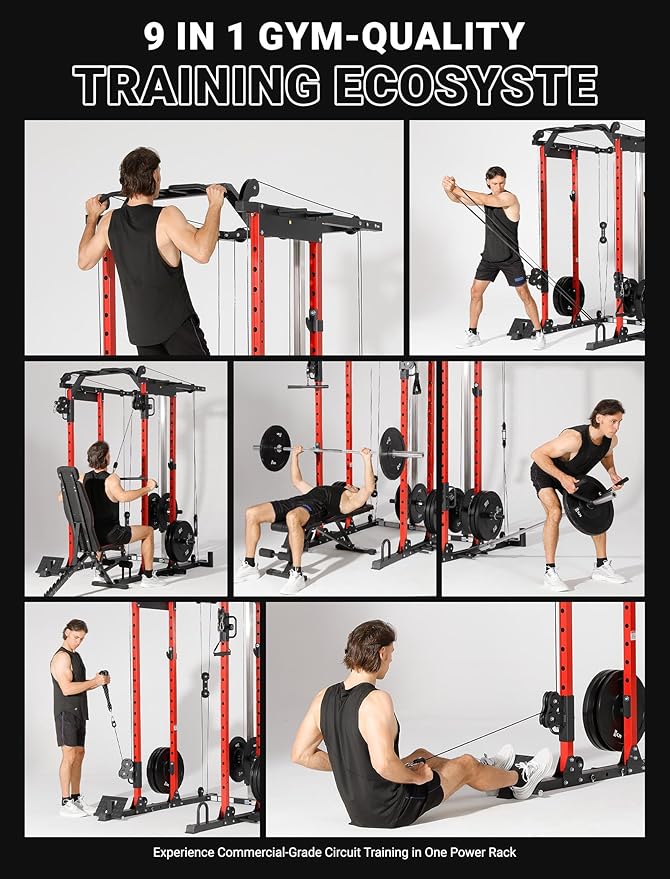 YOLEO Smooth Dual Pulley System Power Cage, 1600LBS Adjustable Cable Crossover Power Rack, Multi-Functional Squat Rack for Home Gym with More Training Attachment-StrideForce Fitness