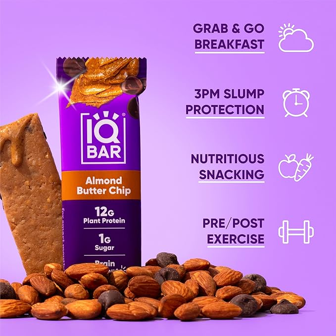 IQBAR Brain and Body Plant Protein Bars - Almond Butter Chip - 12-Count Low Carb - Gluten Free, High Fiber, Vegan Snacks - Low Sugar Meal Replacement-StrideForce Fitness