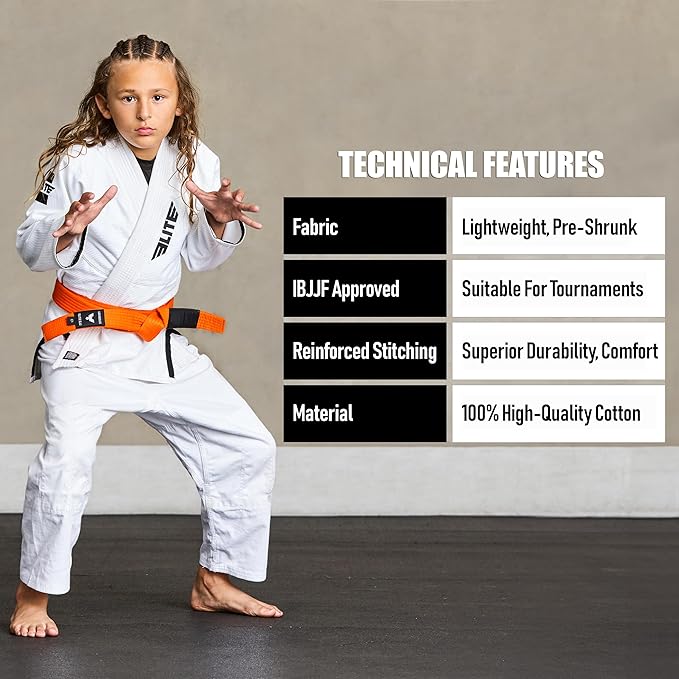 Elite Sports Kids Brazilian Jiu Jitsu Belts Preshurunk Martial Arts Youth BJJ Belts for Girls & Boys with BJJ Ranking Stripes-StrideForce Fitness