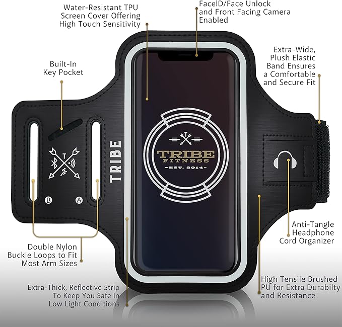 TRIBE Water Resistant Cell Phone Armband Case Running Holder for iPhone Pro Max Plus Mini SE (13/12/11/X/XS/XR/8/7/6/5) Galaxy S Ultra Plus Edge Note (21/20/10/9/8/7/6/5) Adjustable Strap & Key Pocket-StrideForce Fitness