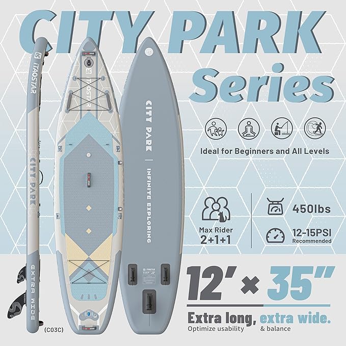 City Park 12'×35" Extra Wide Paddle Board with Seat, One-Stop Premium SUP Board Gears, Tailored 5 Fins, Stable Inflatable Stand Up Paddle Boards for Youth/Adults of All Levels-StrideForce Fitness