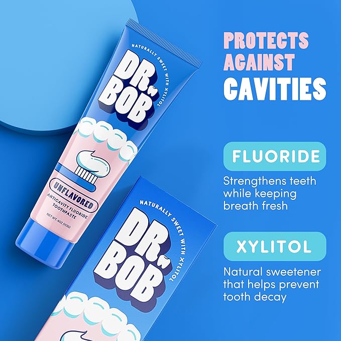 Dr. Bob Unflavored Anticavity Fluoride Toothpaste for Kids, Dentist-Recommended Toothpaste Gel with Xylitol for Sensitive Teeth, SLS-Free, Children and Adult Oral Care, 4 oz., 1-Pack