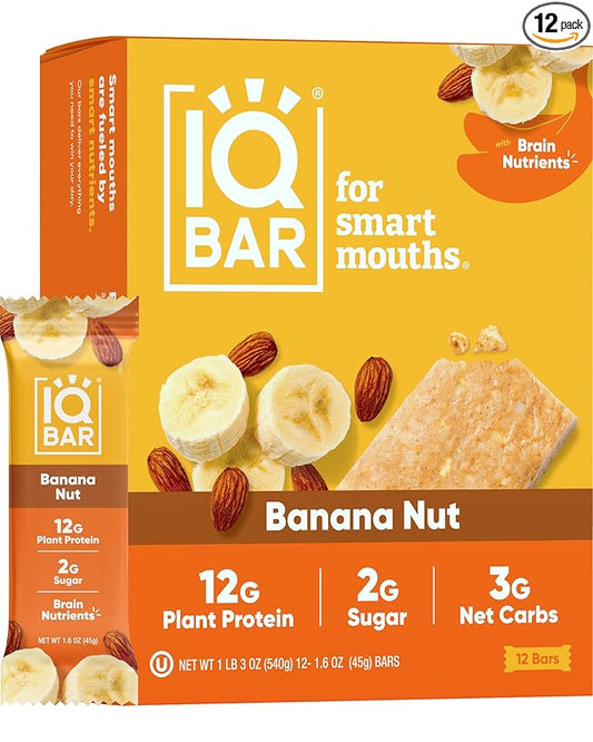 IQBAR Brain and Body Plant Protein Bars - Banana Nut - 12-Count Low Carb - Gluten Free, High Fiber, Vegan Snacks - Low Sugar Meal Replacement-StrideForce Fitness