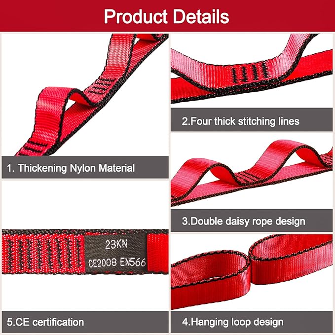 DASKING 23KN (5070 lbs) Heavy Duty Climbing Straps - 2 Pack Adjustable Daisy Chain Webbing for Aerial Yoga, Hammock, Fitness & Rigging - CE/EN566 Certified, Red/Grey-StrideForce Fitness